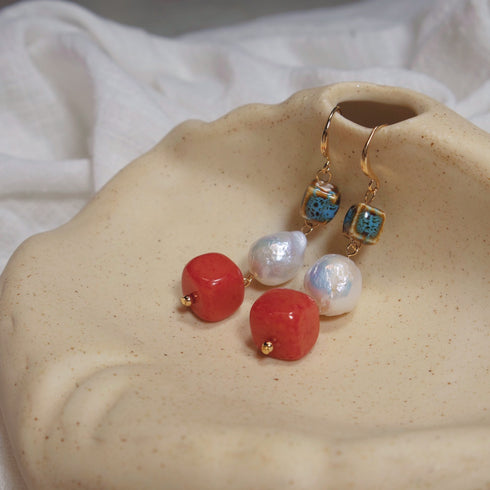Colorful Cube Pendant Baroque Pearl Earrings – Rustic Charm & Unique Style