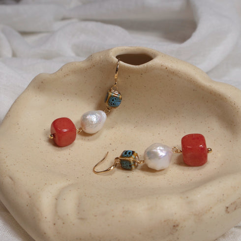 Colorful Cube Pendant Baroque Pearl Earrings – Rustic Charm & Unique Style
