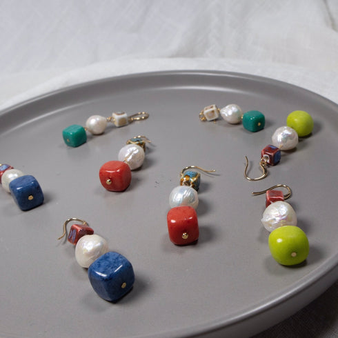 Colorful Cube Pendant Baroque Pearl Earrings – Rustic Charm & Unique Style