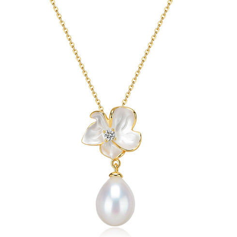 Magnolia Enamel Pearl Drop Necklace
