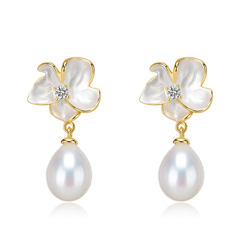 Magnolia Enamel Pearl Drop Earrings - May-Lynn