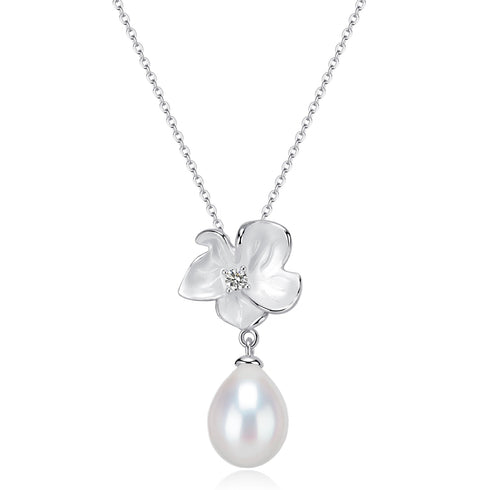 Magnolia Enamel Pearl Drop Necklace