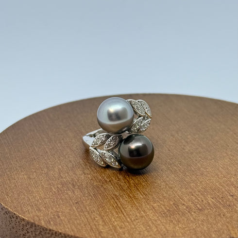 Luxury Blue Akoya & Tahitian Pearl Ring – Sophisticated Elegance