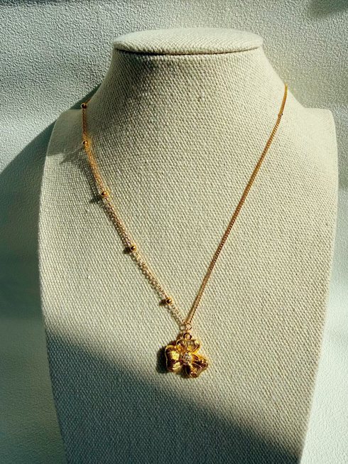 Floral Diamond Pendant Gold Necklace - Gold Vermeil