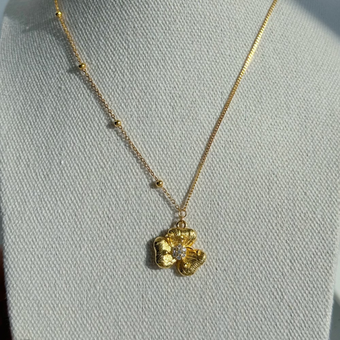 Floral Diamond Pendant Gold Necklace - Gold Vermeil
