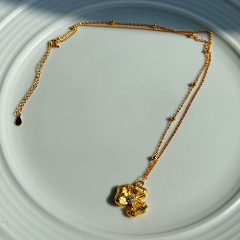 Floral Diamond Pendant Gold Necklace - Gold Vermeil