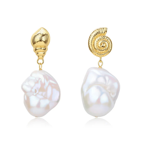 Shell Conch Large Baroque Pearl Earrings - 18K Gold Vermeil
