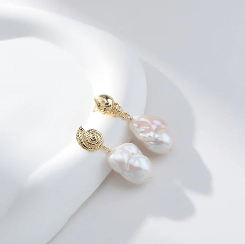 Shell Conch Large Baroque Pearl Earrings - 18K Gold Vermeil