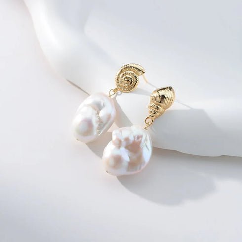 Shell Conch Large Baroque Pearl Earrings - 18K Gold Vermeil