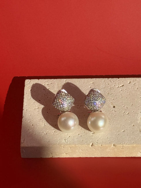 10-11mm Pavé Cushion Top Freshwater Pearl Drop Earrings