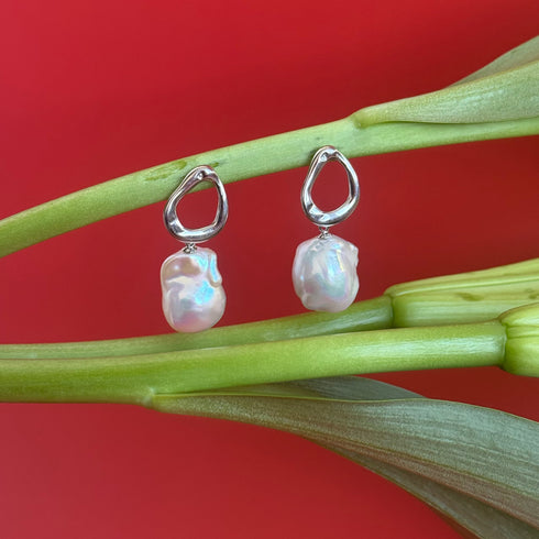 Modern Silver Triangle Baroque Pearl Earrings