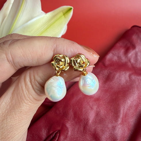 Rose Baroque Pearl Earrings - Gold Vermeil