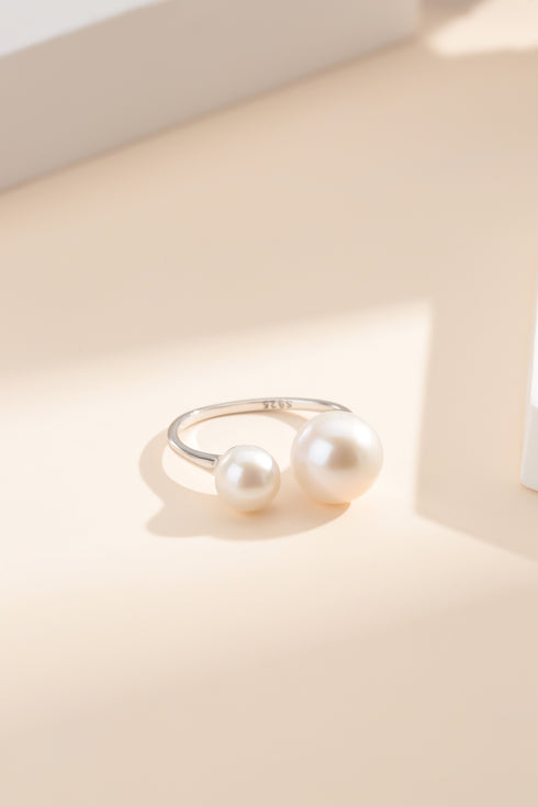 Dual Pearls Open Ring - Elegance & Timeless Beauty