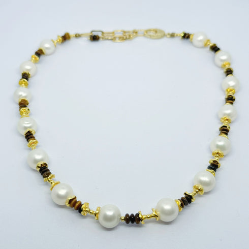 Brown Tiger Eye Gemstone Baroque Pearl Necklace