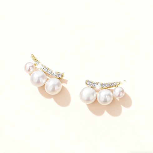 Crescent Moon Pearl Gradient Stud Earrings - Gold Plated