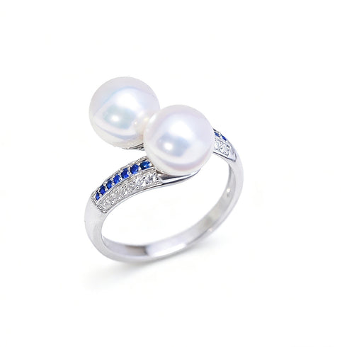 Dual Pearls Blue Zirconia Cross Ring - Sterling Silver