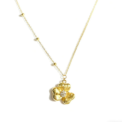 Floral Diamond Pendant Gold Necklace - Gold Vermeil