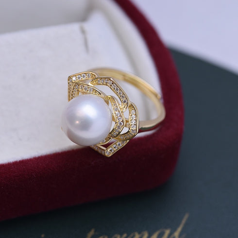Camellia Zirconia White/Purple Pearl Open Ring - Gold Vermeil/Sterling Silver