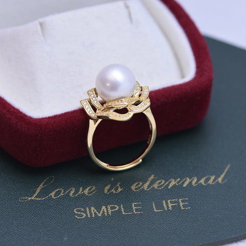 Camellia Zirconia White/Purple Pearl Open Ring - Gold Vermeil/Sterling Silver