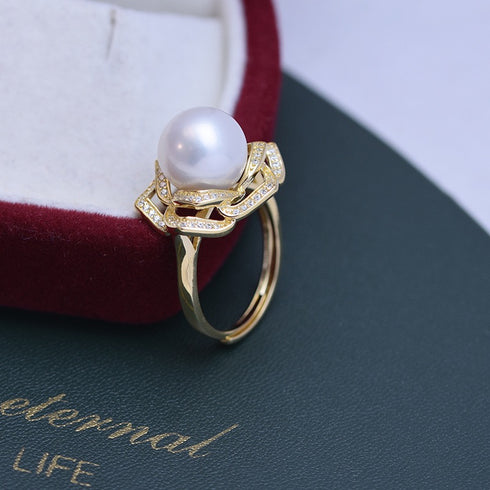 Camellia Zirconia White/Purple Pearl Open Ring - Gold Vermeil/Sterling Silver