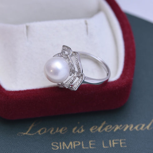 Camellia Zirconia White/Purple Pearl Open Ring - Gold Vermeil/Sterling Silver