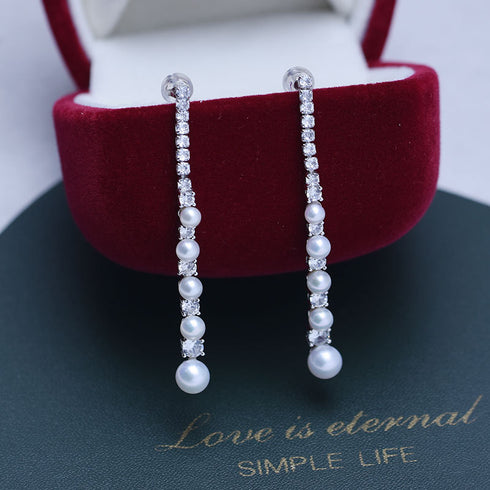 Long Line Zirconia Pearl Earrings - Sterling Silver