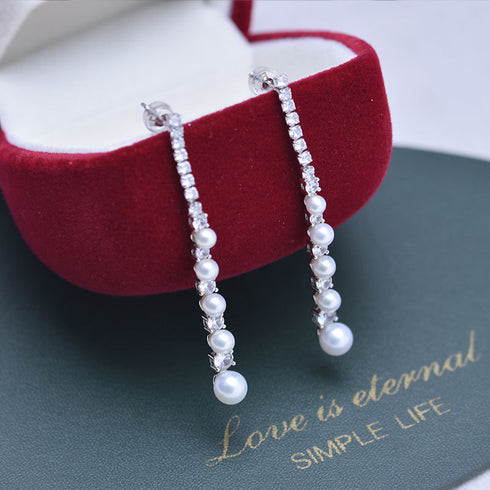 Long Line Zirconia Pearl Earrings - Sterling Silver