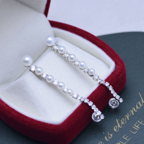 Long Line Zirconia Pearl Earrings - Sterling Silver