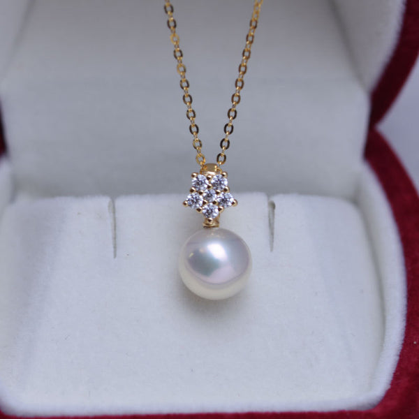 Mini Flower Diamond Pearl Drop Necklace – Sterling Silver / Gold Vermeil