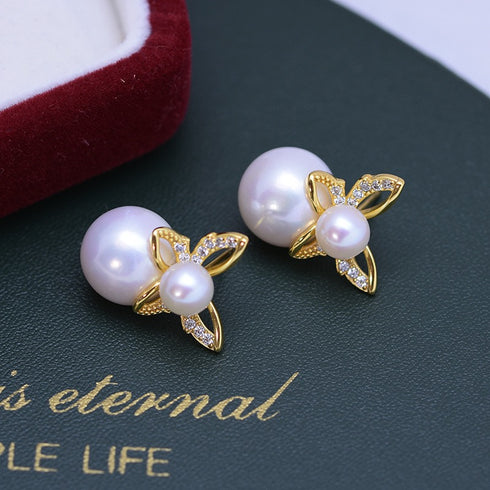 Butterfly Dual Pearl Stud Earrings - Gold Vermeil