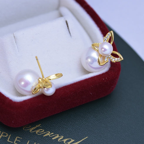 Butterfly Dual Pearl Stud Earrings - Gold Vermeil