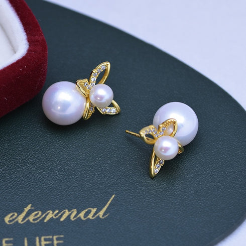 Butterfly Dual Pearl Stud Earrings - Gold Vermeil