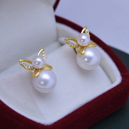 Butterfly Dual Pearl Stud Earrings - Gold Vermeil