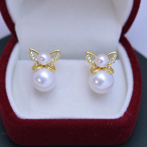 Butterfly Dual Pearl Stud Earrings - Gold Vermeil
