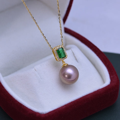Green Cube White/ Purple Pearl Drop Necklace – Sterling Silver/Gold Vermeil
