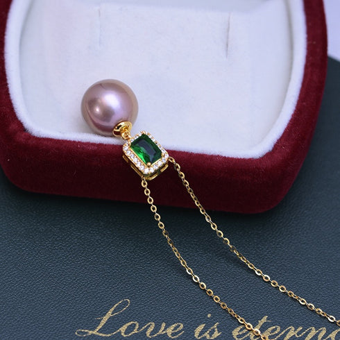 Green Cube White/ Purple Pearl Drop Necklace – Sterling Silver/Gold Vermeil