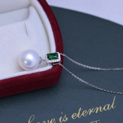 Green Cube White/ Purple Pearl Drop Necklace – Sterling Silver/Gold Vermeil