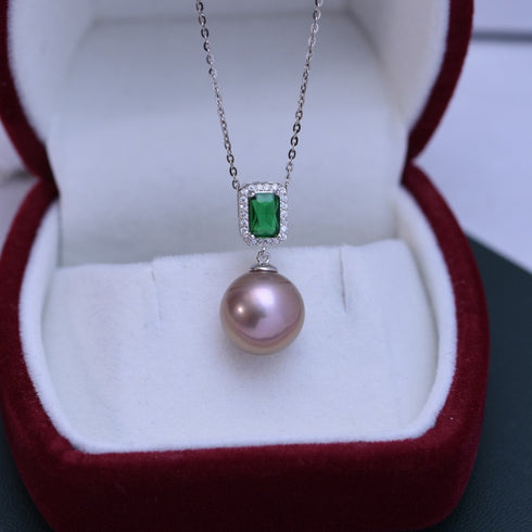 Green Cube White/ Purple Pearl Drop Necklace – Sterling Silver/Gold Vermeil
