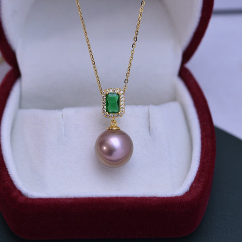 Green Cube White/ Purple Pearl Drop Necklace – Sterling Silver/Gold Vermeil
