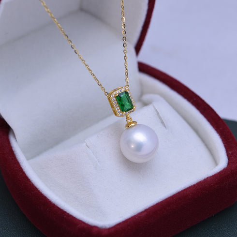 Green Cube White/ Purple Pearl Drop Necklace – Sterling Silver/Gold Vermeil