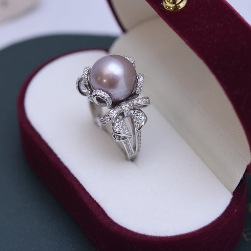 Bowknot Zirconia White/ Purple Pearl Open Ring - Sterling Silver