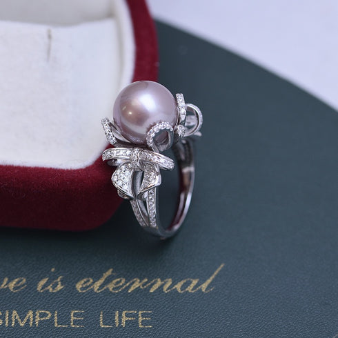 Bowknot Zirconia White/ Purple Pearl Open Ring - Sterling Silver