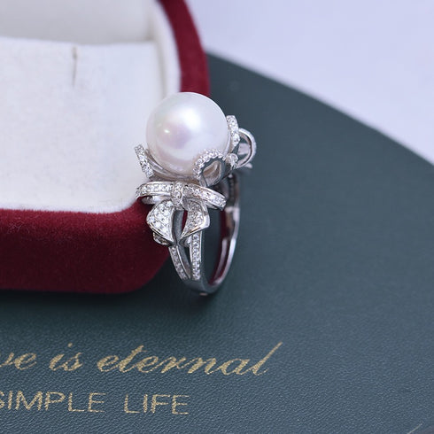 Bowknot Zirconia White/ Purple Pearl Open Ring - Sterling Silver