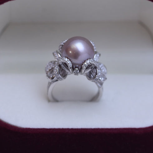 Bowknot Zirconia White/ Purple Pearl Open Ring - Sterling Silver