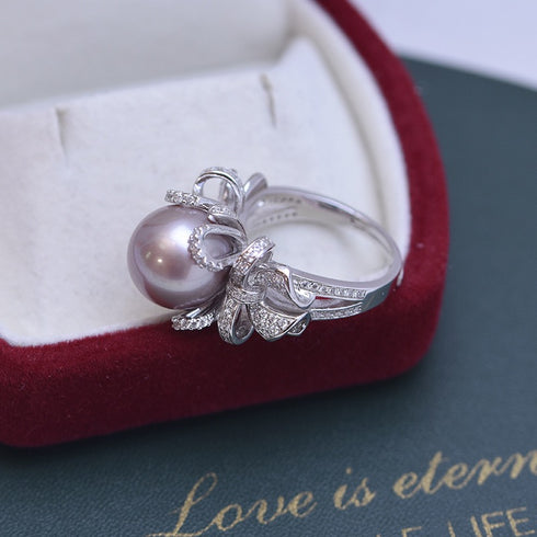 Bowknot Zirconia White/ Purple Pearl Open Ring - Sterling Silver