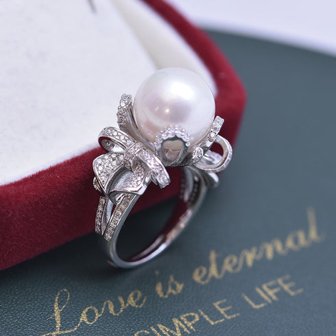 Bowknot Zirconia White/ Purple Pearl Open Ring - Sterling Silver