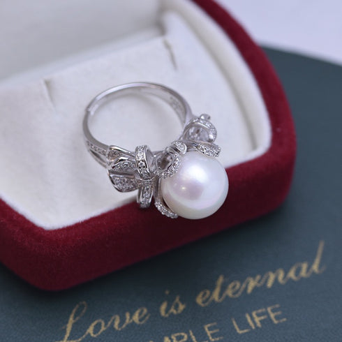 Bowknot Zirconia White/ Purple Pearl Open Ring - Sterling Silver