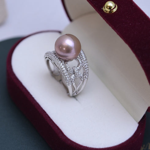 Wide Chain White/ Purple Pearl Ring - 18K Gold Vermeil / Sterling Silver