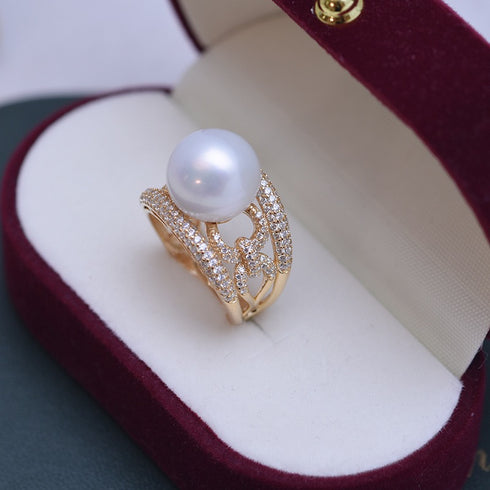 Wide Chain White/ Purple Pearl Ring - 18K Gold Vermeil / Sterling Silver