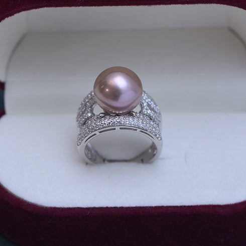 Wide Chain White/ Purple Pearl Ring - 18K Gold Vermeil / Sterling Silver